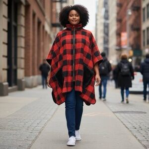 Red and Black Plaid Poncho